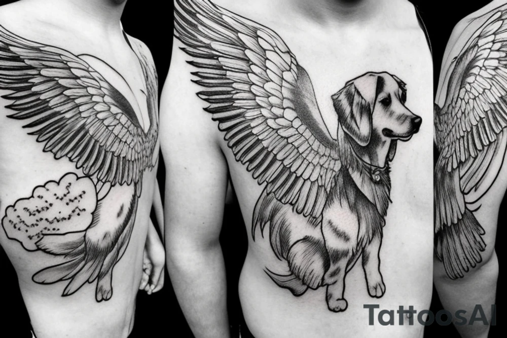A male Golden Retriever With Wings Flying In The Sky With Clouds tattoo idea