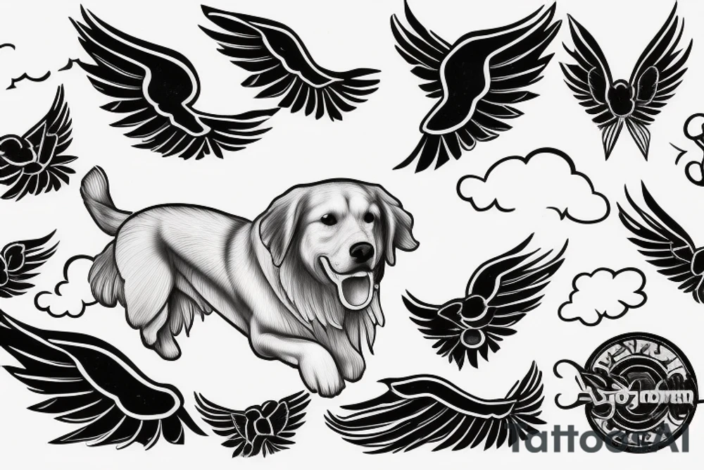 A male Golden Retriever With Wings Flying In The Sky With Clouds tattoo idea