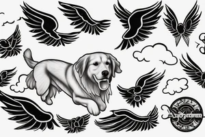 A male Golden Retriever With Wings Flying In The Sky With Clouds tattoo idea
