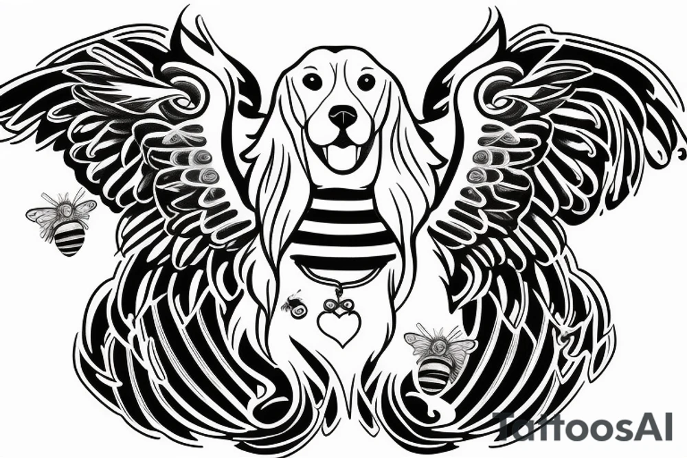 A male Golden Retriever With bee Wings Flying tattoo idea