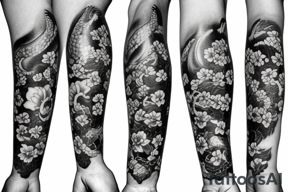Sleeve with a Black snake on the forearm surrounded with flowers and Japanese items tattoo idea