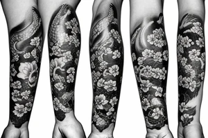 Sleeve with a Black snake on the forearm surrounded with flowers and Japanese items tattoo idea