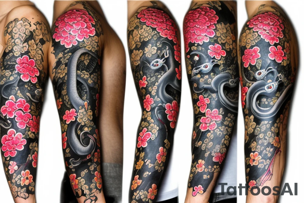 Sleeve with a Black snake on the forearm surrounded with flowers and Japanese items tattoo idea
