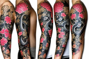 Sleeve with a Black snake on the forearm surrounded with flowers and Japanese items tattoo idea