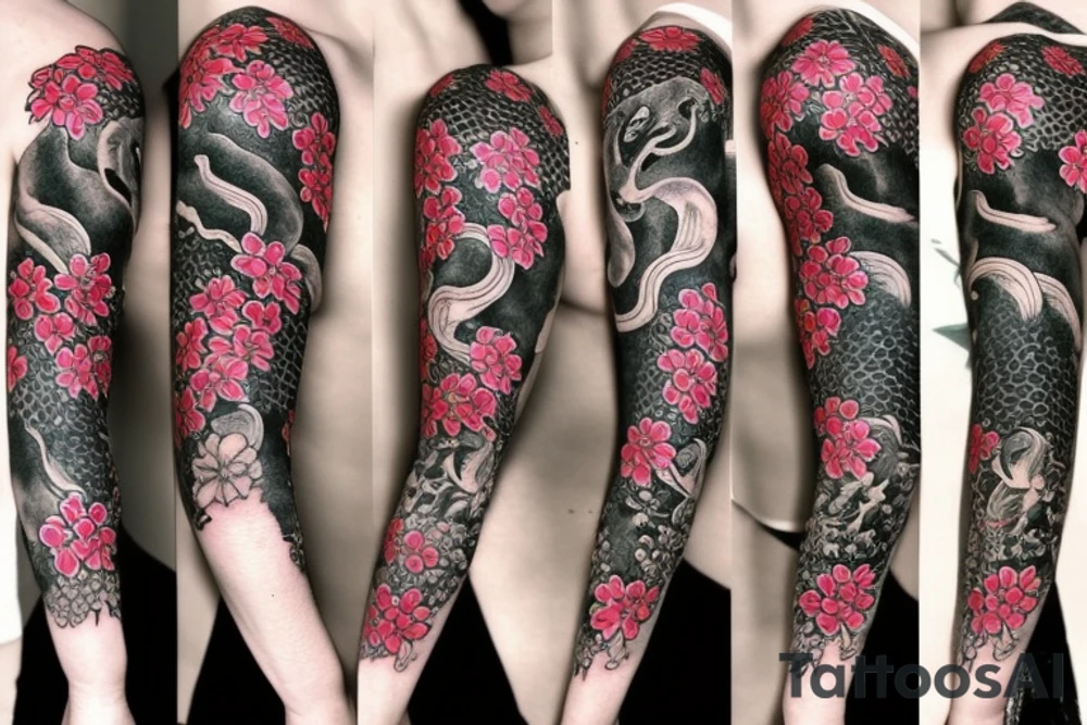 Sleeve with a Black snake on the forearm surrounded with flowers tattoo idea