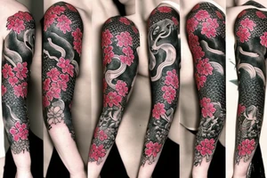 Sleeve with a Black snake on the forearm surrounded with flowers tattoo idea