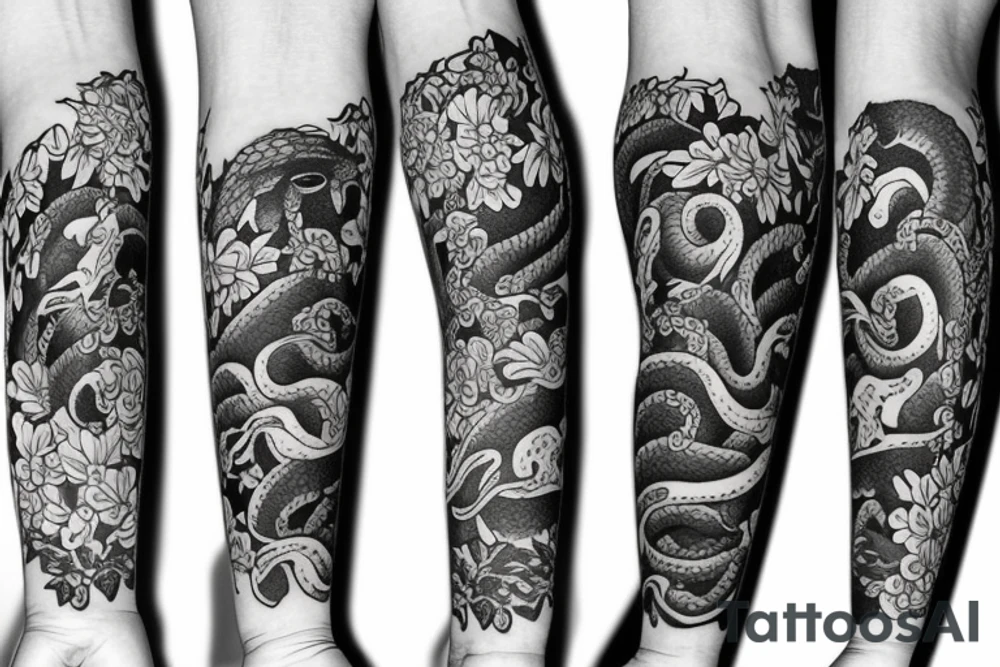 Sleeve with a Black snake on the forearm surrounded with flowers tattoo idea
