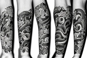 Sleeve with a Black snake on the forearm surrounded with flowers tattoo idea