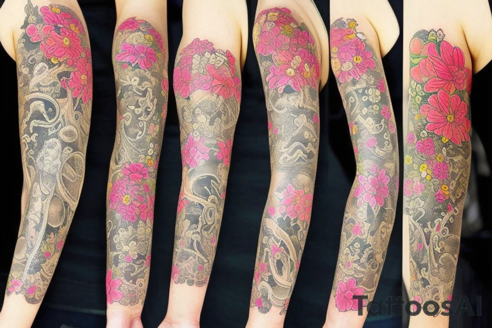 Sleeve on the forearm surrounded with flowers tattoo idea