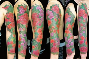 Sleeve on the forearm surrounded with flowers tattoo idea
