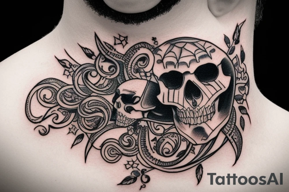 Neck tattoo, skull with many eyes tattoo idea