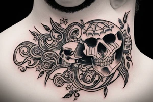 Neck tattoo, skull with many eyes tattoo idea