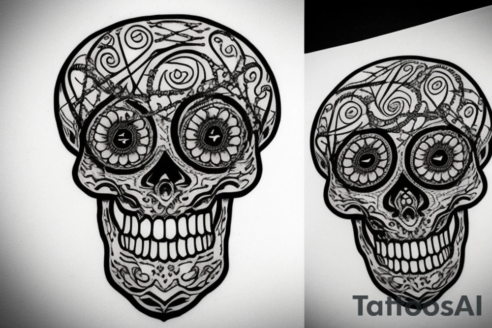 Neck tattoo, skull with many eyes and barbedwire going out of it tattoo idea