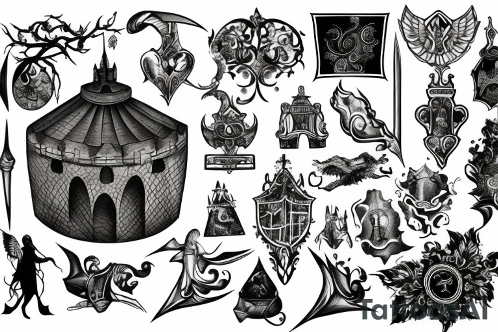 Ugly engrawing of medieval castle tattoo idea