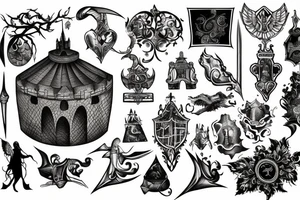 Ugly engrawing of medieval castle tattoo idea