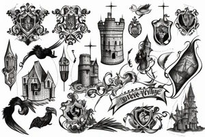 Ugly engrawing of medieval castle tattoo idea