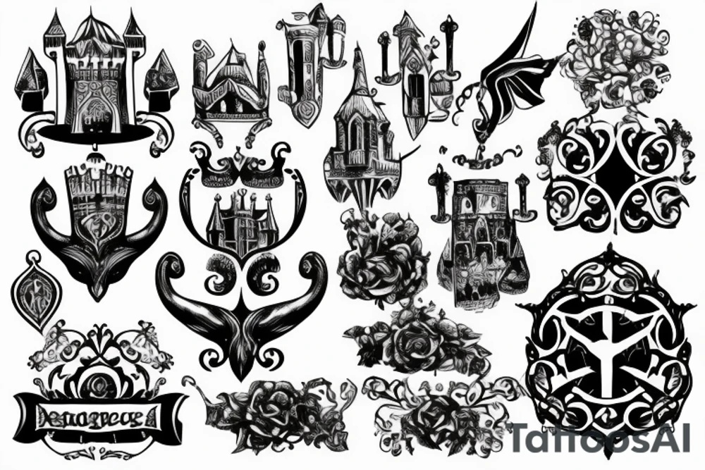 Ugly engraving of medieval castle tattoo idea