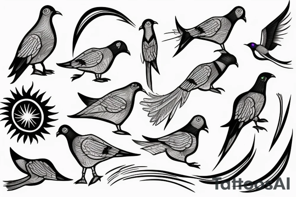 Pigeon with sun rays tattoo idea