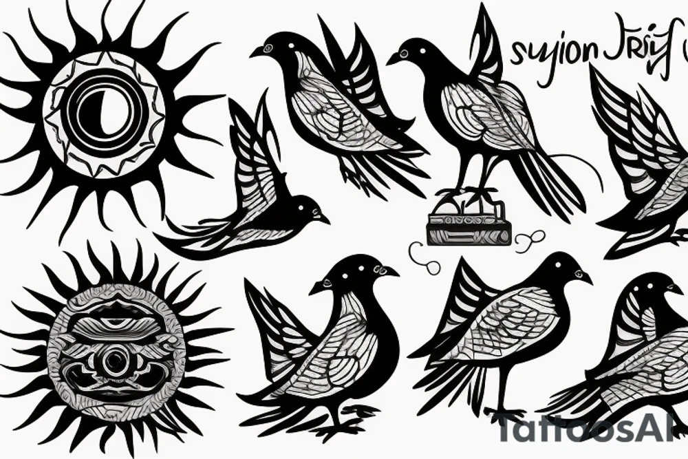 Pigeon with sun rays tattoo idea
