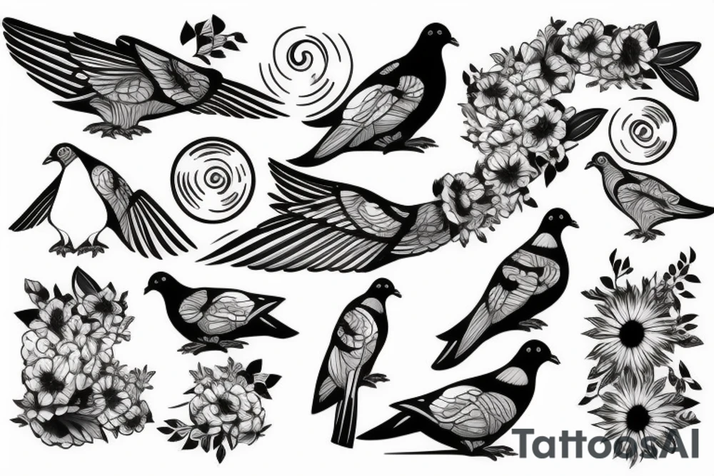 Pigeon with sun rays tattoo idea