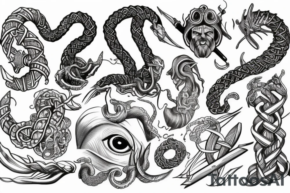 viking,greek,mythology,geometric,jormungandr,eye,heart,hand,tree, tattoo idea