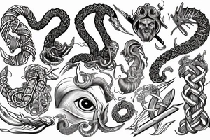 viking,greek,mythology,geometric,jormungandr,eye,heart,hand,tree, tattoo idea