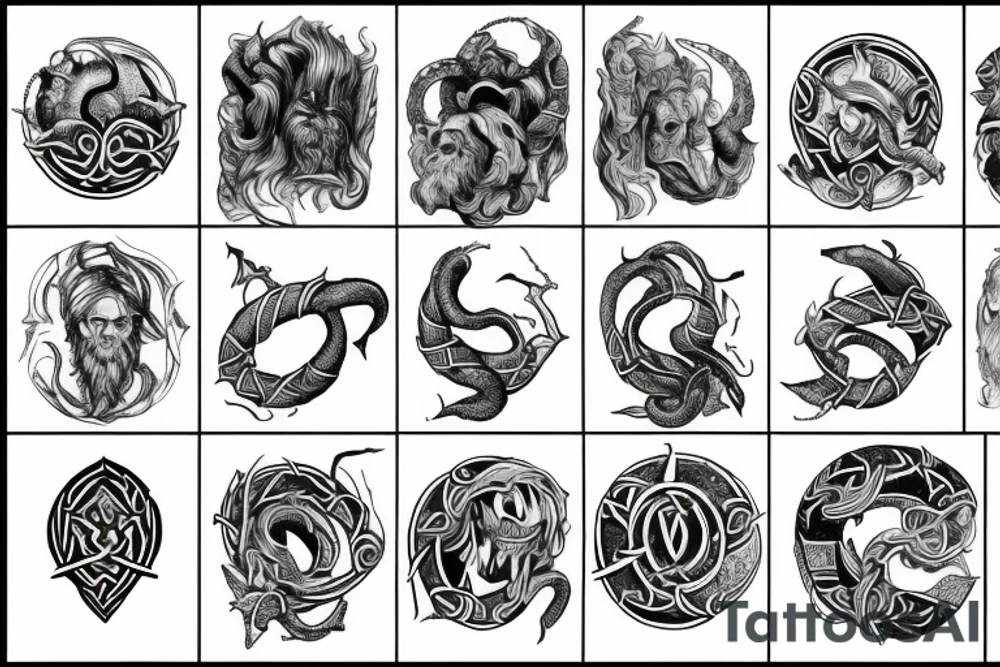 viking,greek,mythology,geometric,jormungandr,eye,heart,hand,tree, tattoo idea