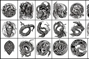 viking,greek,mythology,geometric,jormungandr,eye,heart,hand,tree, tattoo idea