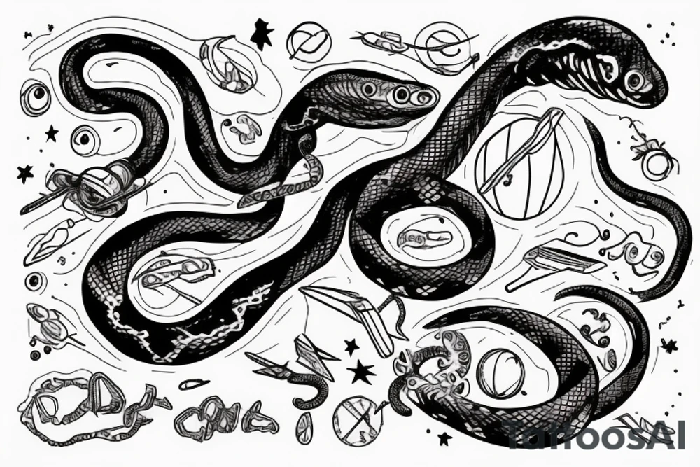 snake in space holding blueprints tattoo idea