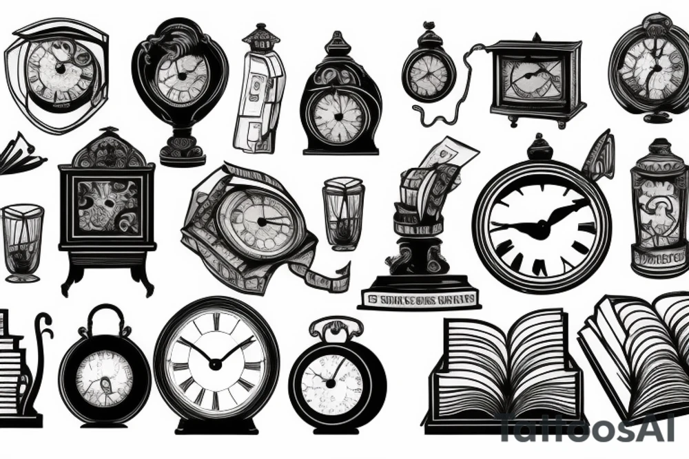 Old clock, books and banknotes tattoo idea