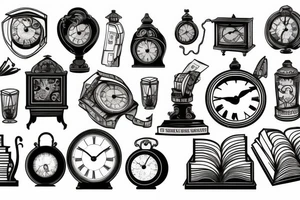 Old clock, books and banknotes tattoo idea