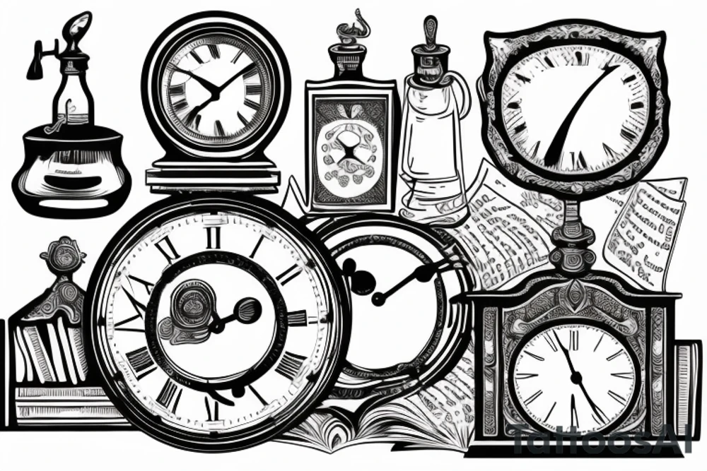 Old clock, books and banknotes tattoo idea