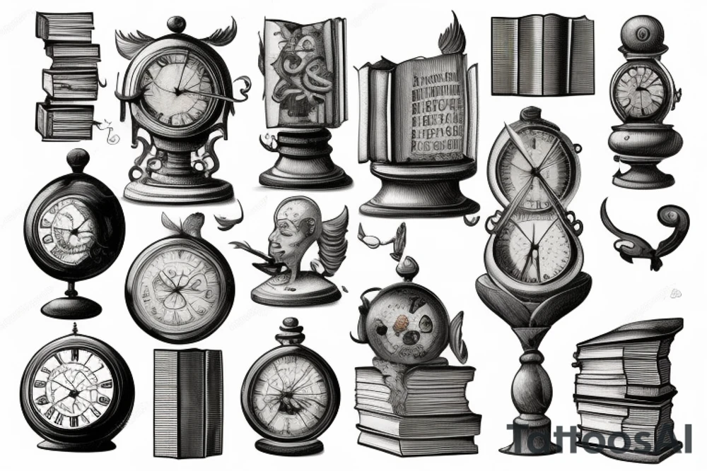 Old clock, books and banknotes tattoo idea