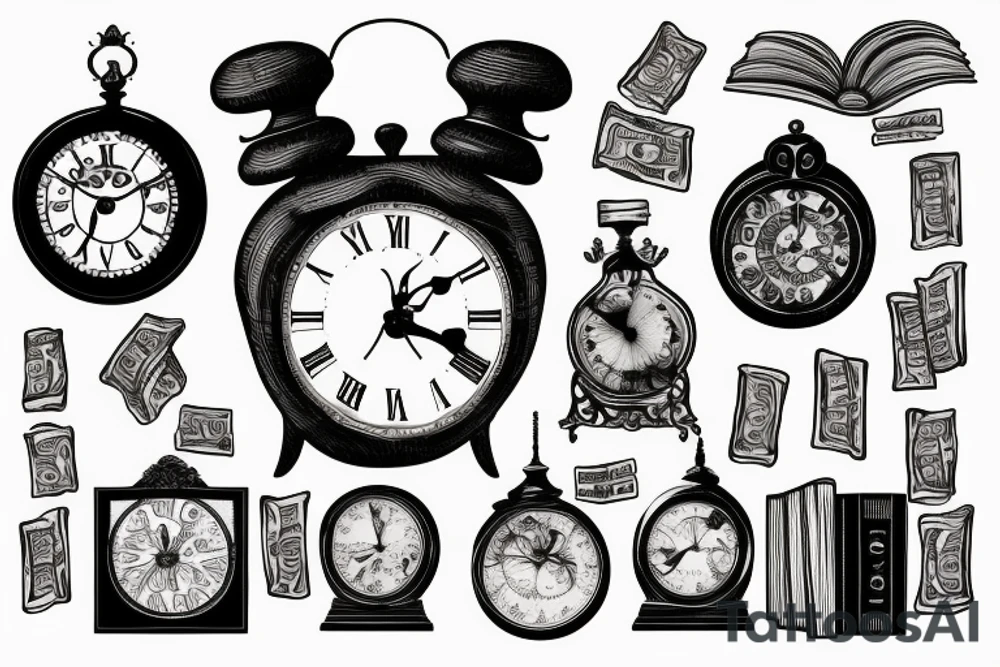 Old clock with books and banknotes tattoo idea