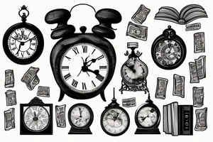Old clock with books and banknotes tattoo idea