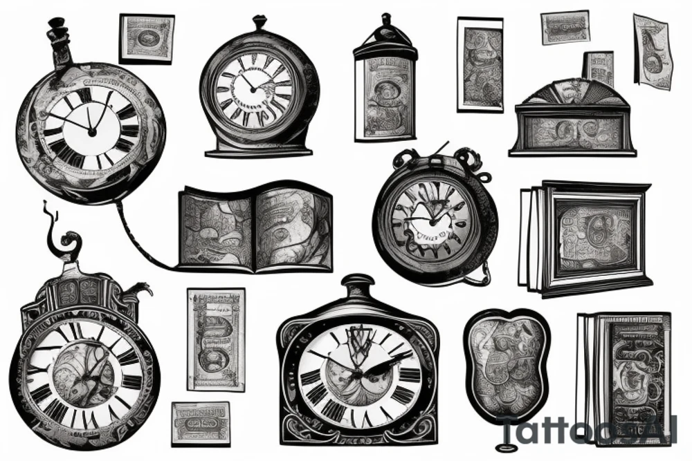 Old clock with books and banknotes tattoo idea