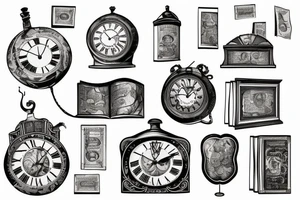 Old clock with books and banknotes tattoo idea