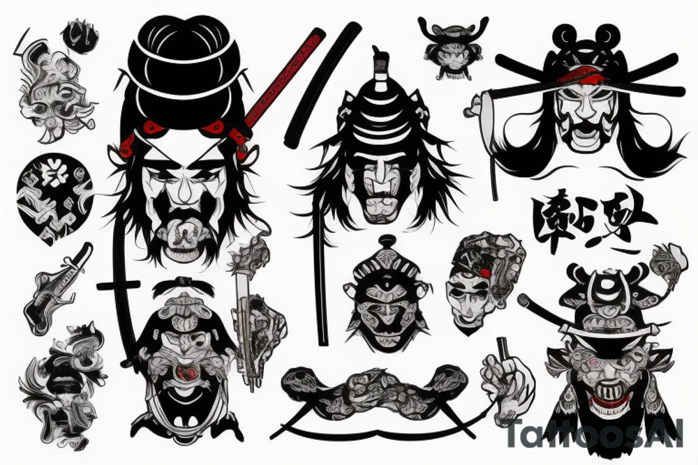 samurai with guitar and demonic face tattoo idea