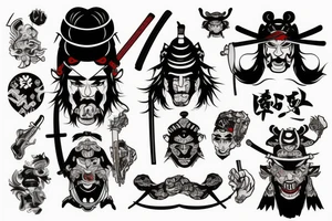 samurai with guitar and demonic face tattoo idea