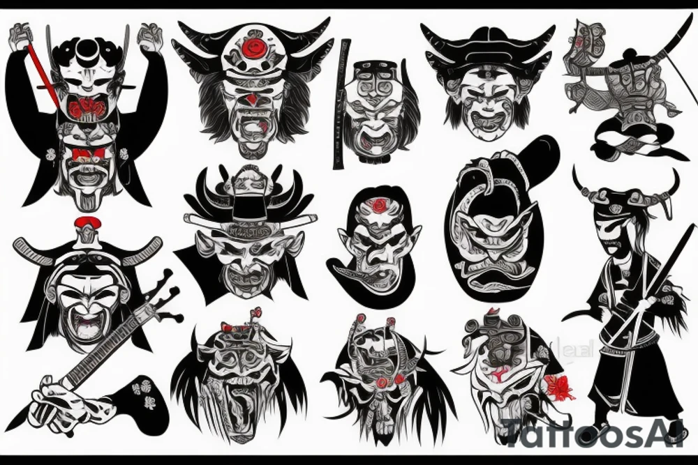 samurai with guitar and demonic face tattoo idea