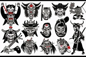 samurai with guitar and demonic face tattoo idea