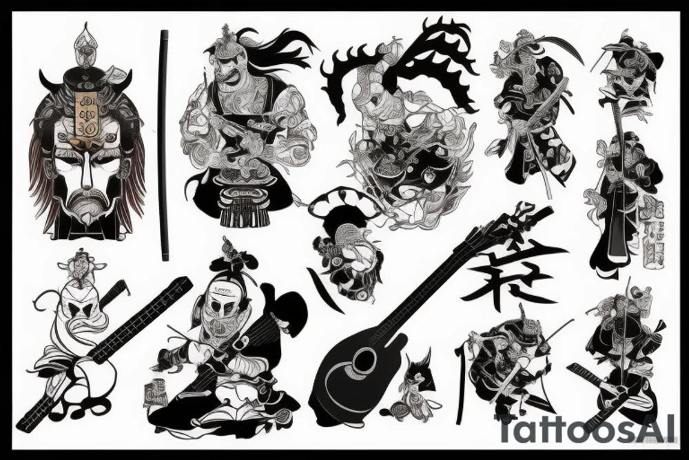 samurai with guitar and demonic tattoo idea
