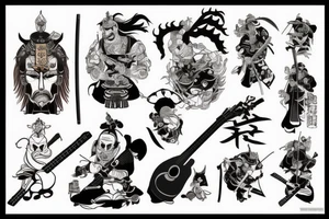 samurai with guitar and demonic tattoo idea