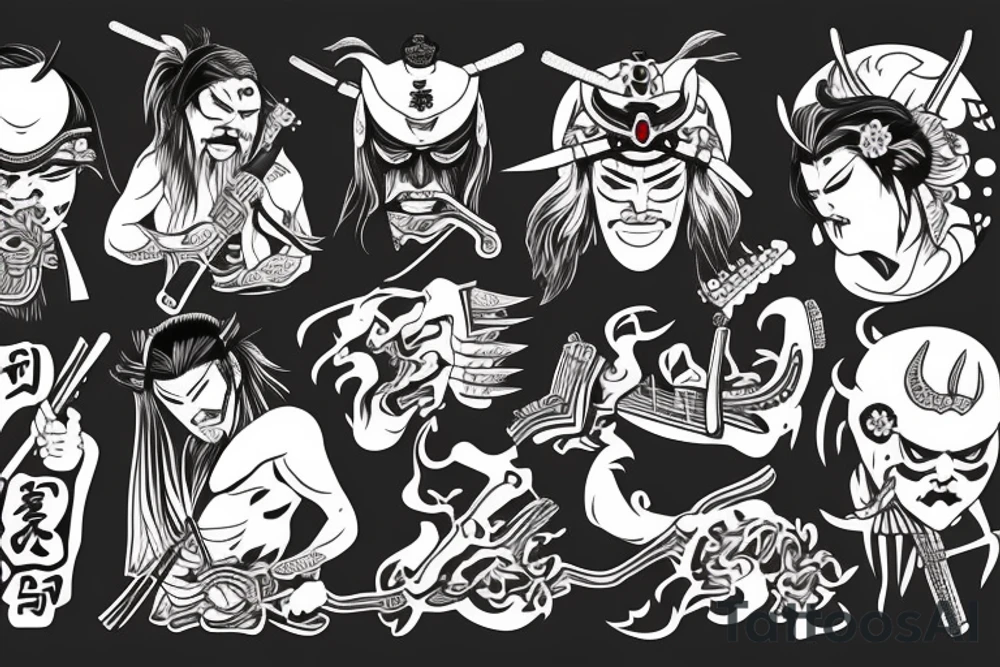 samurai with guitar and demonic tattoo idea
