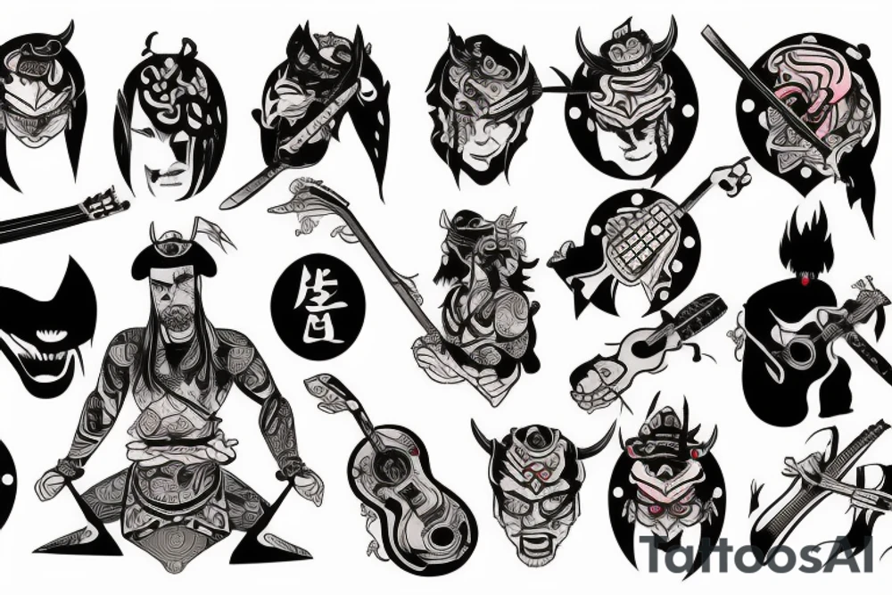 samurai with guitar and demonic tattoo idea
