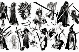 The character Yo from the anime Shaman King smiles and holds a katana on his shoulder, and Amidamaru stands in the background with a formidable expression and looks away tattoo idea