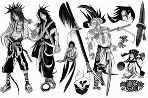 The character Yo from the anime Shaman King smiles and holds a katana on his shoulder, and Amidamaru stands in the background with a formidable expression and looks away tattoo idea