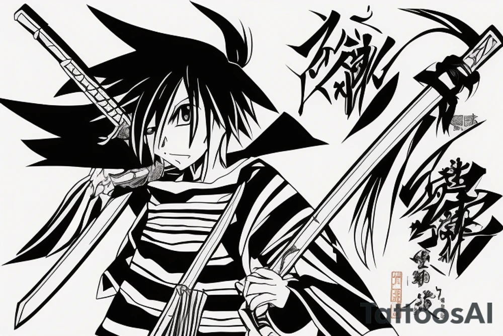 The character Yo from the anime Shaman King smiles and holds a katana on his shoulder tattoo idea