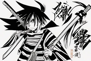 The character Yo from the anime Shaman King smiles and holds a katana on his shoulder tattoo idea