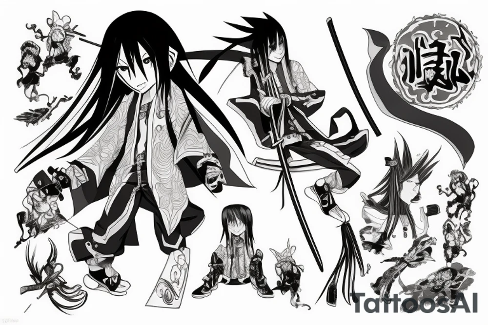 The character Yo from the anime Shaman King smiles and holds a katana on his shoulder tattoo idea